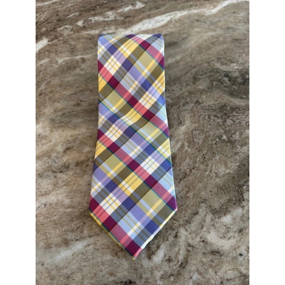 Tommy Hilfiger Mens Multi Color Plaid Silk Necktie Yellow Purple Pink Blue